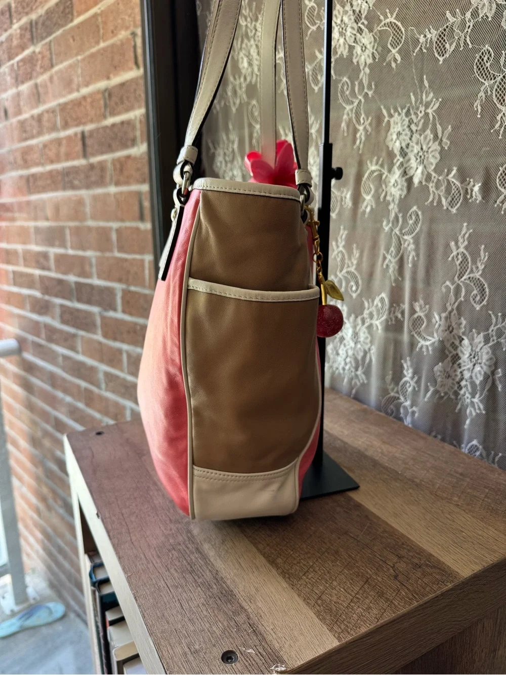 Coach Pink and Tan Leather Tote with White Trim